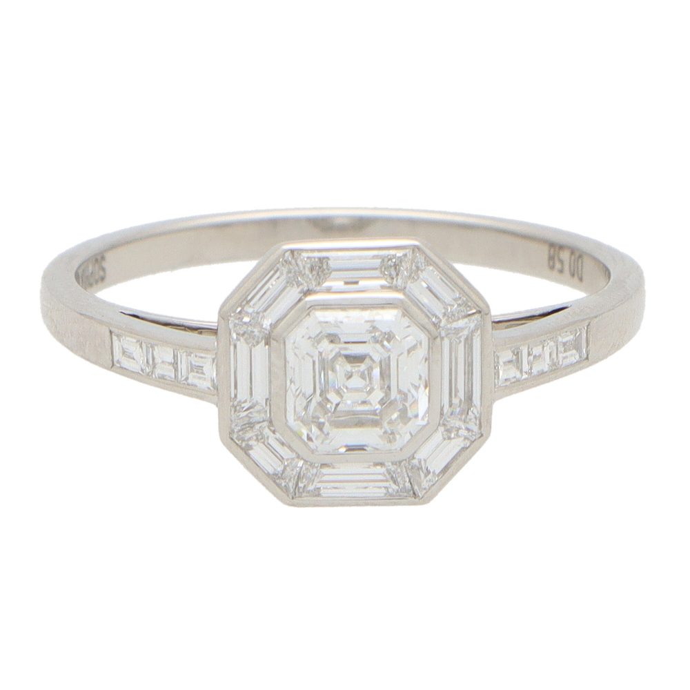 Art Deco Style Asscher Cut Diamond Platinum Cluster Ring