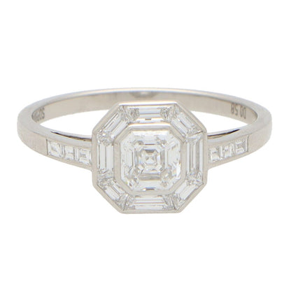 Art Deco Style Asscher Cut Diamond Platinum Cluster Ring