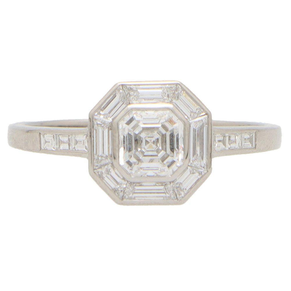 Art Deco Style Asscher Cut Diamond Platinum Cluster Ring