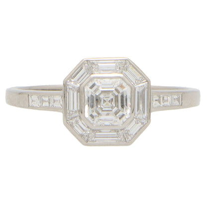 Art Deco Style Asscher Cut Diamond Platinum Cluster Ring