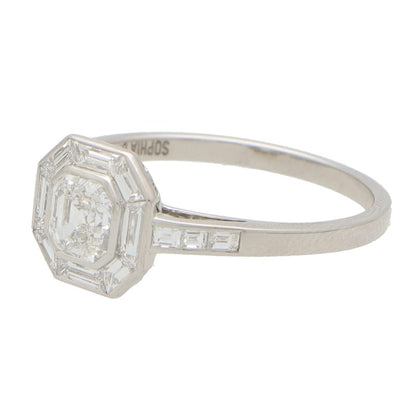Art Deco Style Asscher Cut Diamond Platinum Cluster Ring