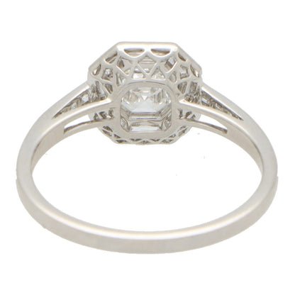 Art Deco Style Asscher Cut Diamond Platinum Cluster Ring