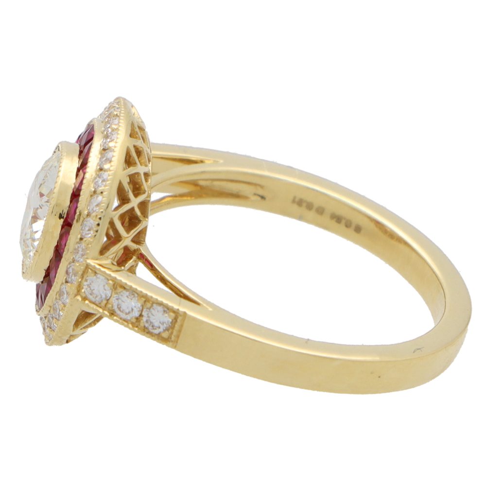 Diamond and ruby double target ring in gold