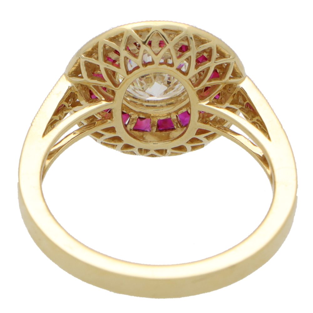 Diamond and ruby double target ring in gold