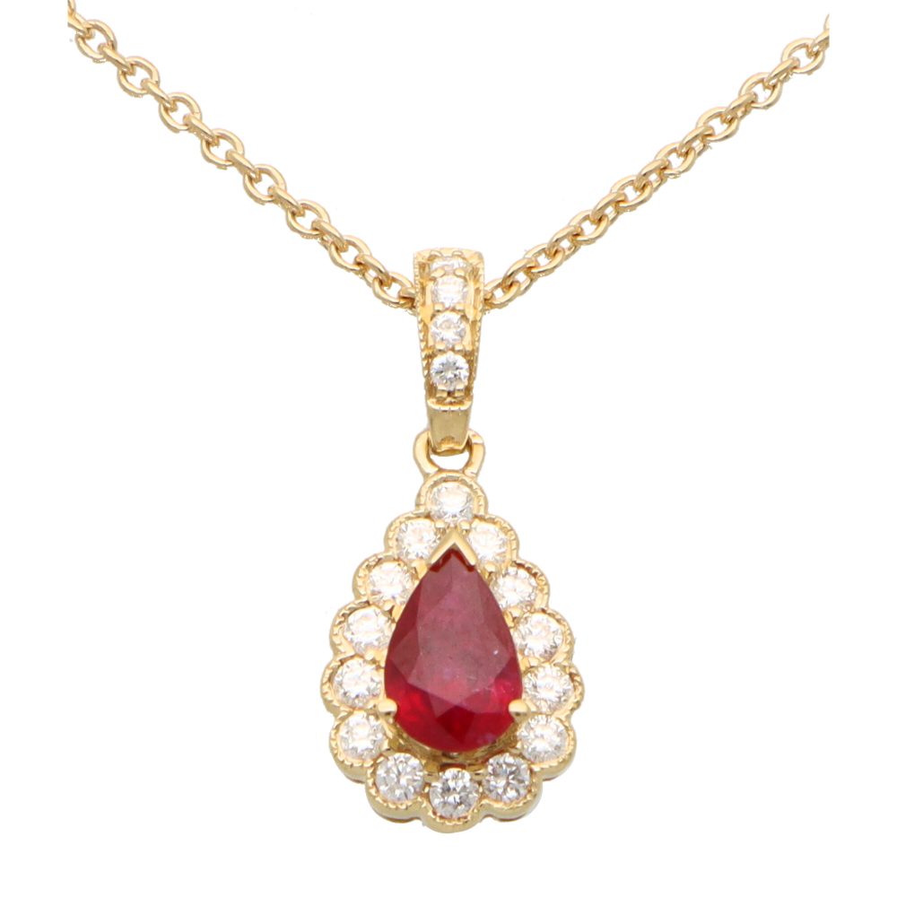 0.41ct Pear Cut Ruby and Diamond Cluster Pendant in 18ct Yellow Gold