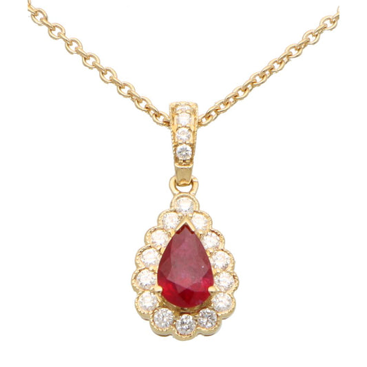 0.41ct Pear Cut Ruby and Diamond Cluster Pendant in 18ct Yellow Gold