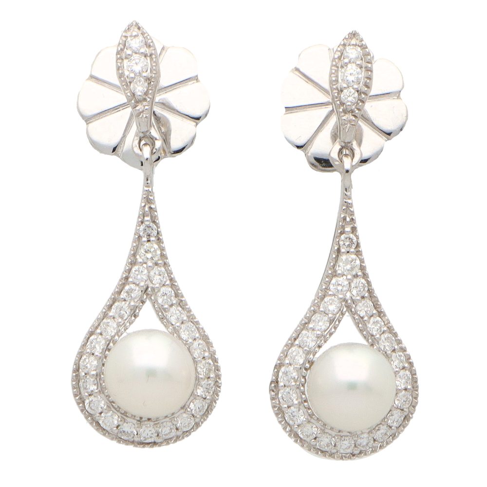 Pearl and Diamond Cluster Drop Earrings