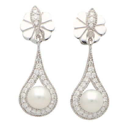 Pearl and Diamond Cluster Drop Earrings