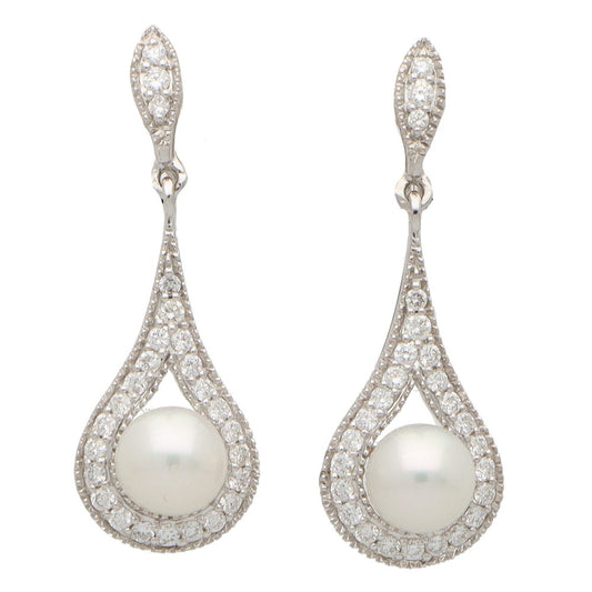 Pearl and Diamond Cluster Drop Earrings in 18ct White Gold