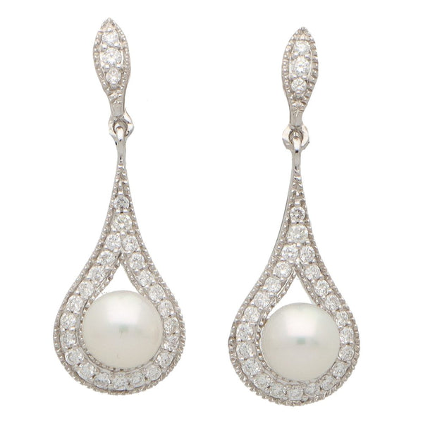 Pearl and Diamond Cluster Drop Earrings in 18ct White Gold