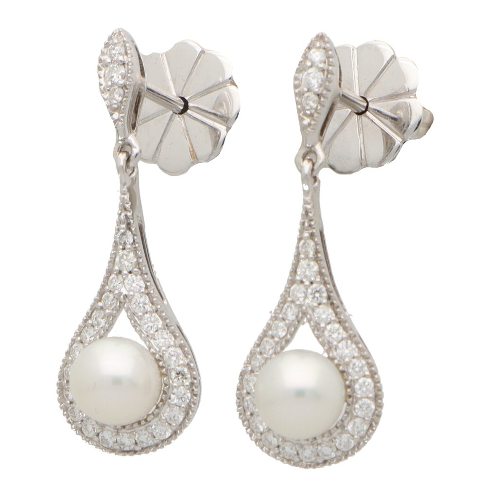 Pearl and Diamond Cluster Drop Earrings in 18ct White Gold