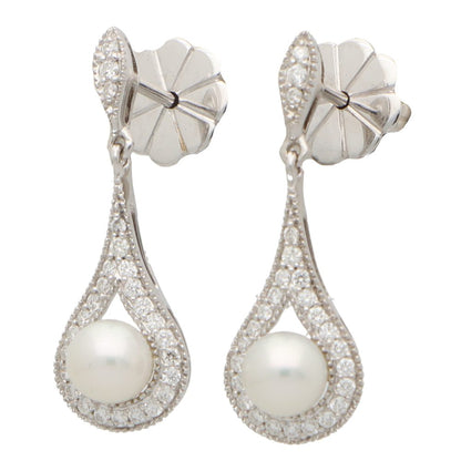 Pearl and Diamond Cluster Drop Earrings in 18ct White Gold