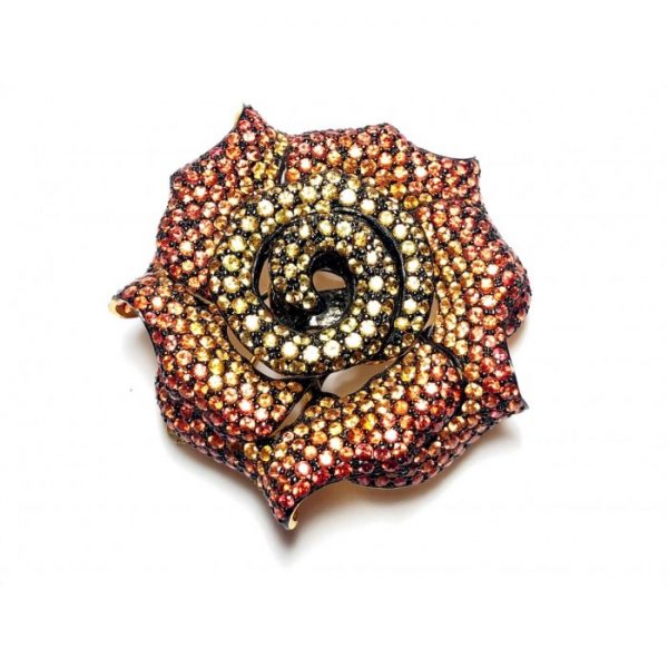 ORANGE TO YELLOW SAPPHIRE ROSE FLOWER BROOCH
