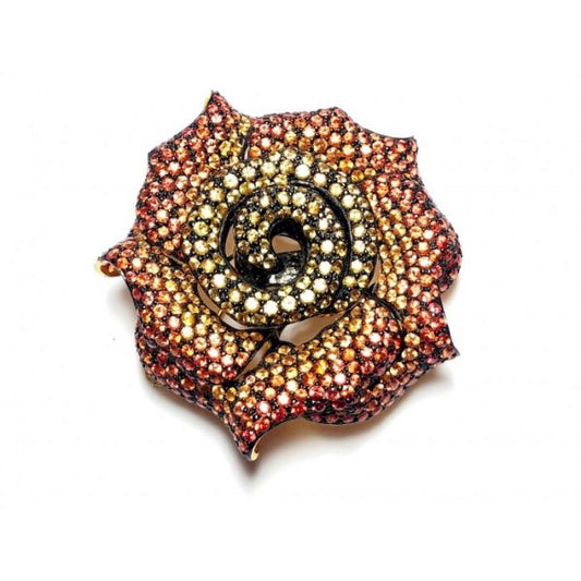 ORANGE TO YELLOW SAPPHIRE ROSE FLOWER BROOCH