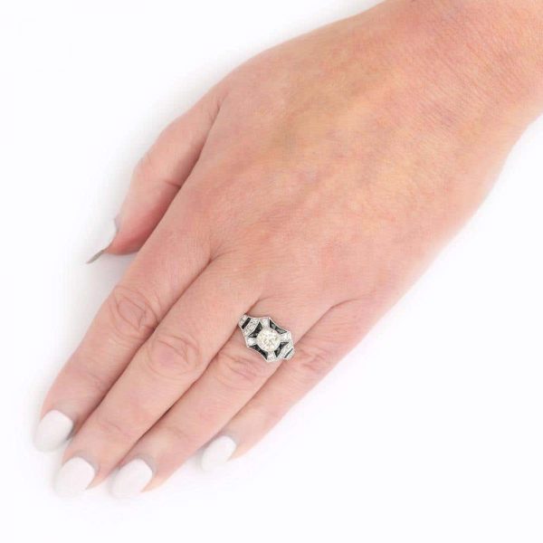 Vintage 1.45ct Diamond and Onyx 18ct Gold Art Deco Style Solitaire Cluster Ring