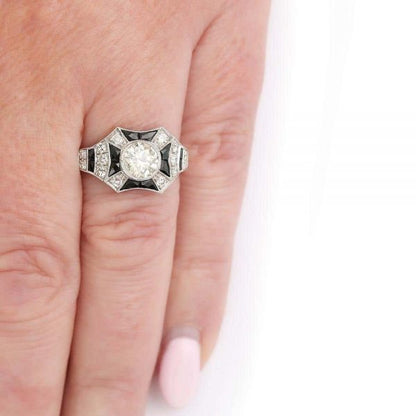 Vintage 1.45ct Diamond and Onyx 18ct Gold Art Deco Style Solitaire Cluster Ring