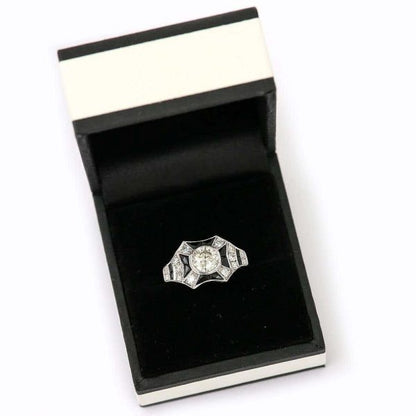 Vintage 1.45ct Diamond and Onyx 18ct Gold Art Deco Style Solitaire Cluster Ring