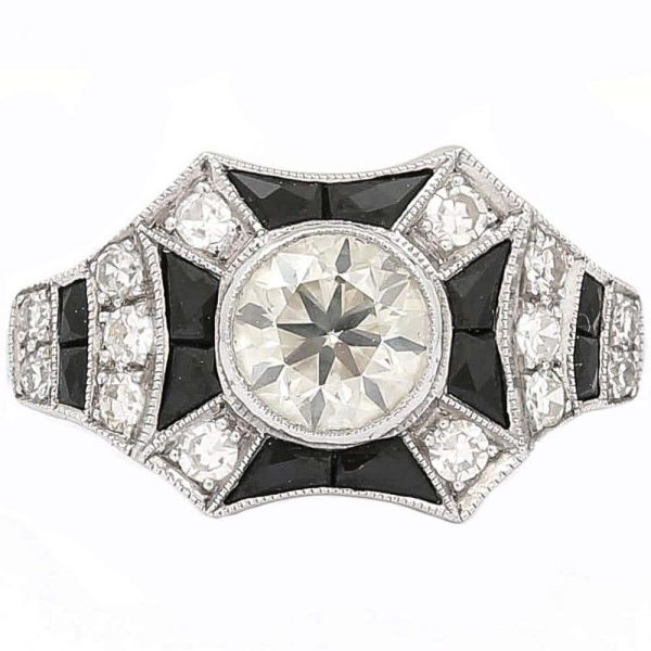 Vintage 1.45ct Diamond and Onyx 18ct Gold Art Deco Style Solitaire Cluster Ring