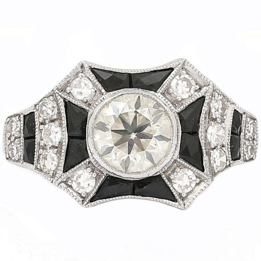Vintage 1.45ct Diamond and Onyx 18ct Gold Art Deco Style Solitaire Cluster Ring