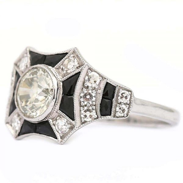 Vintage 1.45ct Diamond and Onyx 18ct Gold Art Deco Style Solitaire Cluster Ring