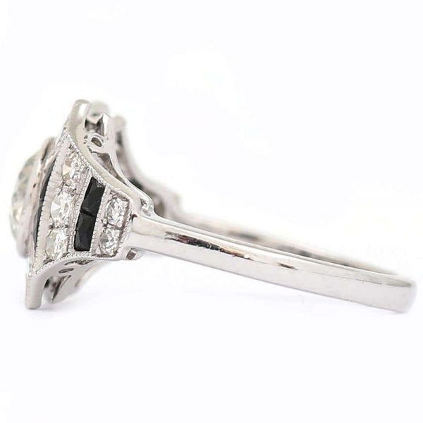 Vintage 1.45ct Diamond and Onyx 18ct Gold Art Deco Style Solitaire Cluster Ring