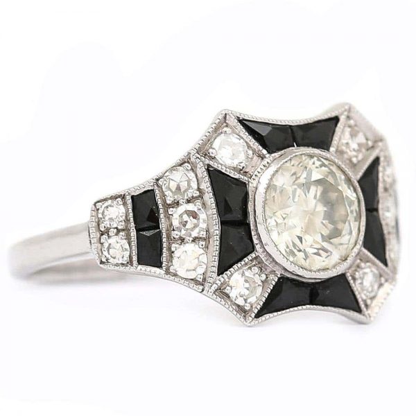 Vintage 1.45ct Diamond and Onyx 18ct Gold Art Deco Style Solitaire Cluster Ring