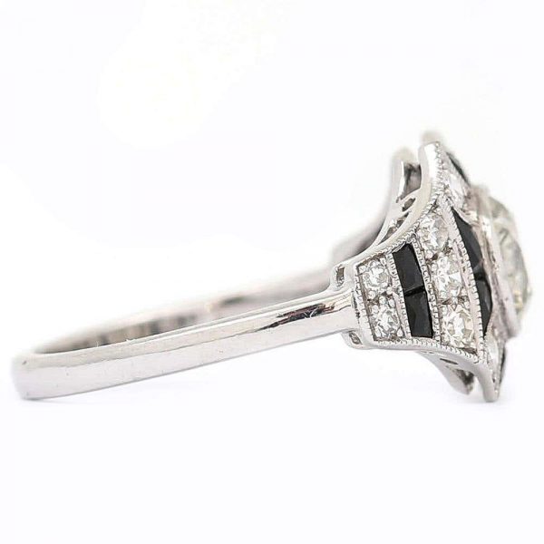 Vintage 1.45ct Diamond and Onyx 18ct Gold Art Deco Style Solitaire Cluster Ring