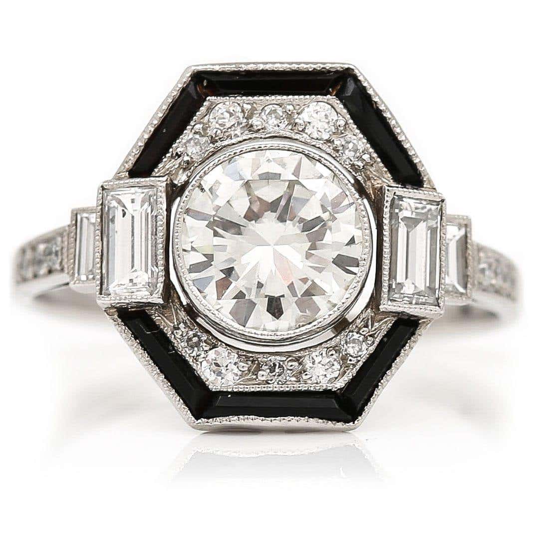 Vintage Art Deco Style Hexagonal 1.50ct Diamond and Onyx Ring