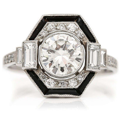 Vintage Art Deco Style Hexagonal 1.50ct Diamond and Onyx Ring