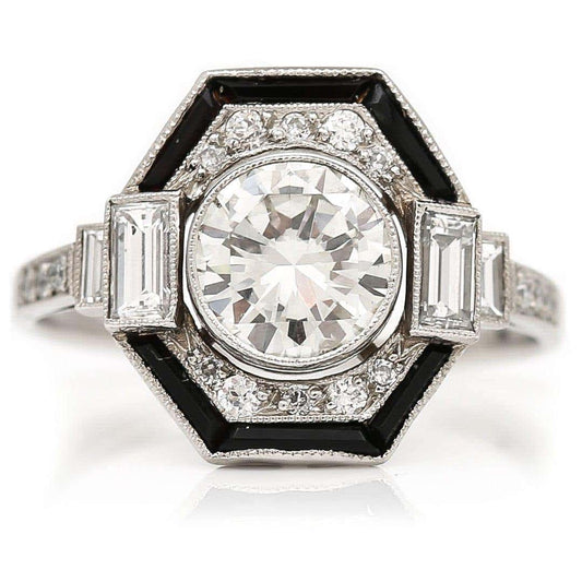 Vintage Art Deco Style Hexagonal 1.50ct Diamond and Onyx Ring
