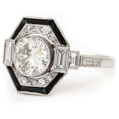 Vintage Art Deco Style Hexagonal 1.50ct Diamond and Onyx Ring