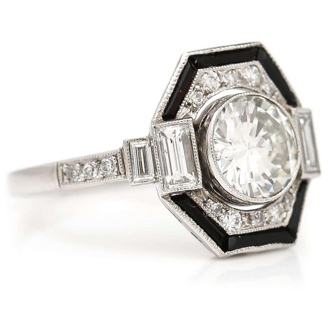 Vintage Art Deco Style Hexagonal 1.50ct Diamond and Onyx Ring