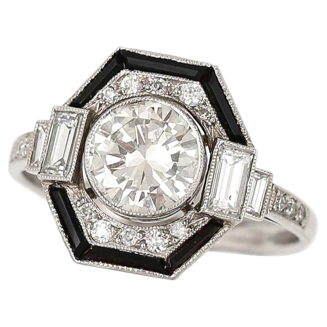 Vintage Art Deco Style Hexagonal 1.50ct Diamond and Onyx Ring