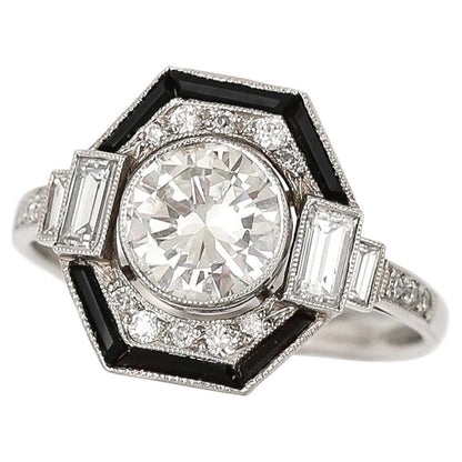 Vintage Art Deco Style Hexagonal 1.50ct Diamond and Onyx Ring