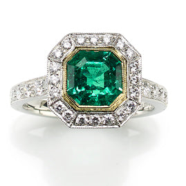 Octagonal Colombian Emerald and Diamond Cluster Ring