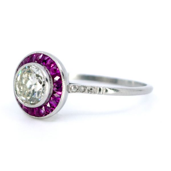 Old European Cut Diamond and Ruby Target Cluster Ring