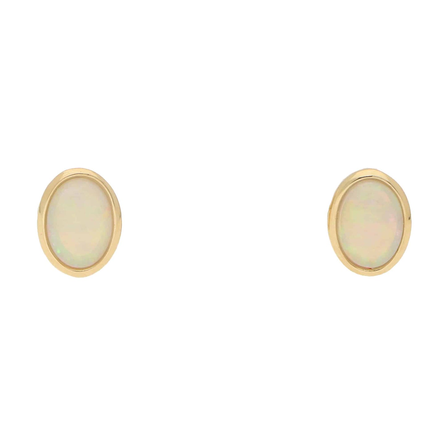 A pair of oval opal earrings in yellow gold, on a white background