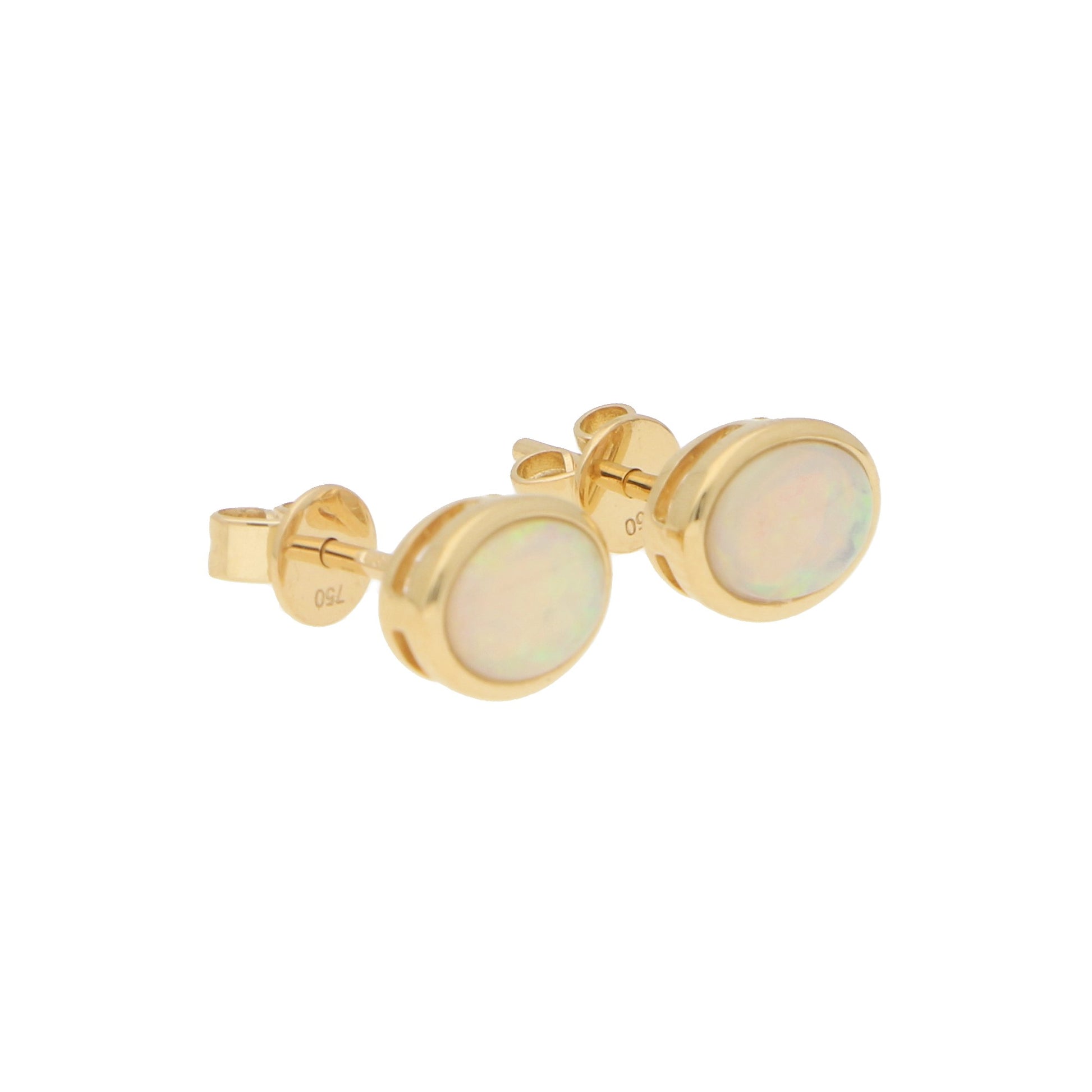 A pair of oval opal earrings in yellow gold, on a white background
