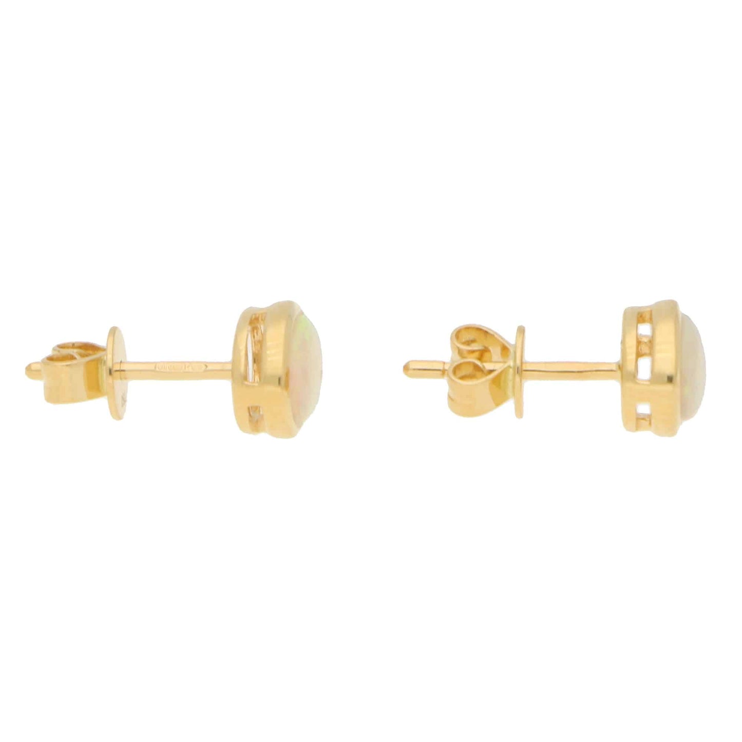A pair of oval opal earrings in yellow gold, on a white background