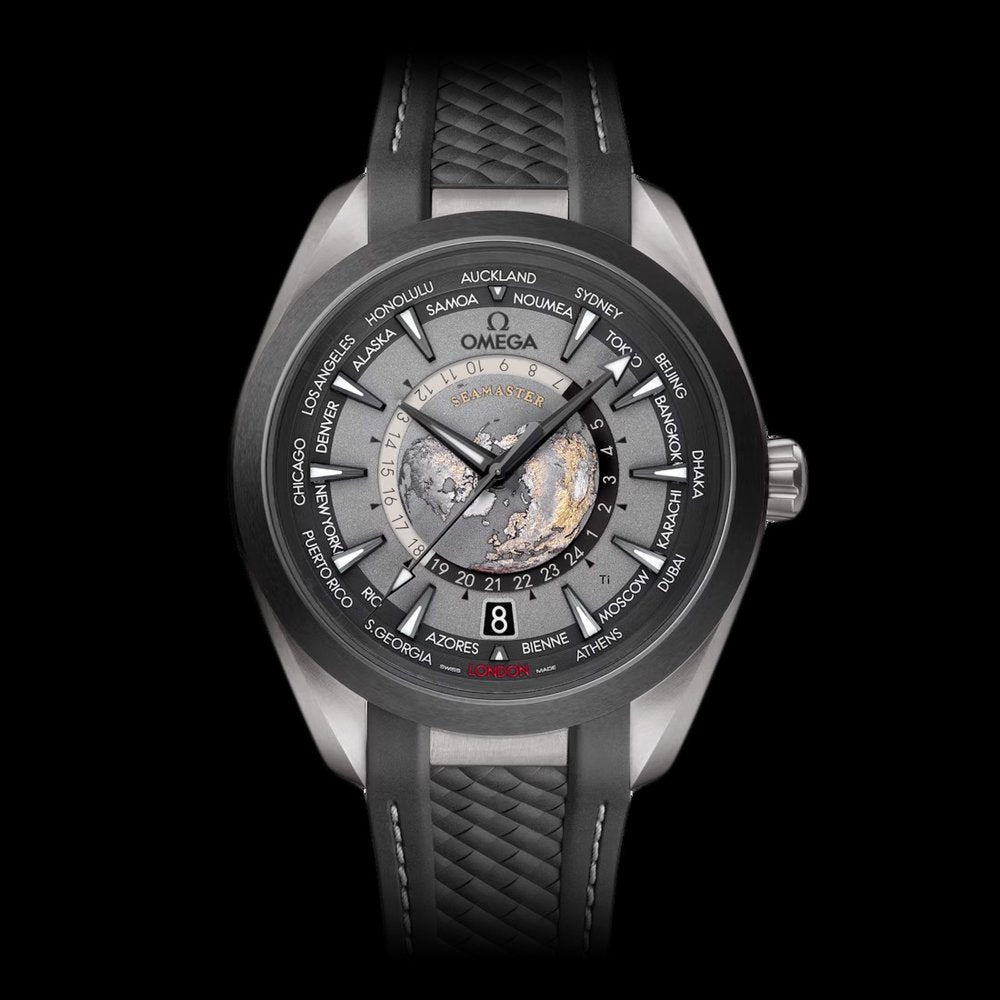 Omega Seamaster Aqua Terra Worldtimer Titanium Unworn Watch, 43mm brushed grade 2 titanium with brushed black ceramic bezel and integrated rubber strap with Titanium Omega clasp. The black and grey dial Omega features a central vision of Earth, 24-hour indication divided into night and day sections. Water-resistant to 150metres with a transparent see through caseback and a 60 hours power reserve. MODEL NO: 220.92.43.22.99.001 YEAR: 2024