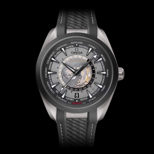 Omega Seamaster Aqua Terra Worldtimer Titanium Unworn Watch, 43mm brushed grade 2 titanium with brushed black ceramic bezel and integrated rubber strap with Titanium Omega clasp. The black and grey dial Omega features a central vision of Earth, 24-hour indication divided into night and day sections. Water-resistant to 150metres with a transparent see through caseback and a 60 hours power reserve. MODEL NO: 220.92.43.22.99.001 YEAR: 2024