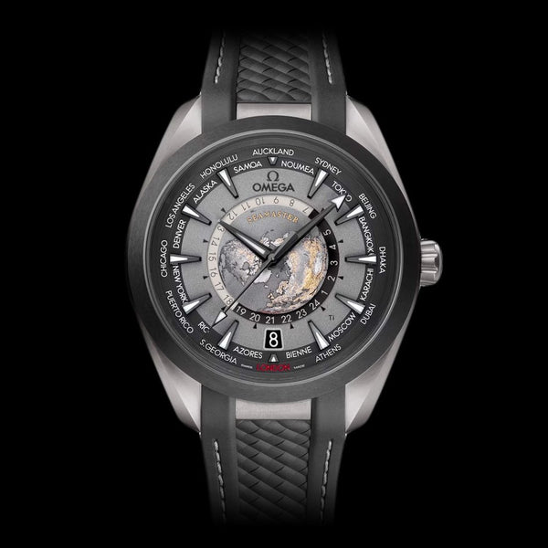 Omega Seamaster Aqua Terra Worldtimer Titanium Unworn Watch, 43mm brushed grade 2 titanium with brushed black ceramic bezel and integrated rubber strap with Titanium Omega clasp. The black and grey dial Omega features a central vision of Earth, 24-hour indication divided into night and day sections. Water-resistant to 150metres with a transparent see through caseback and a 60 hours power reserve. MODEL NO: 220.92.43.22.99.001 YEAR: 2024