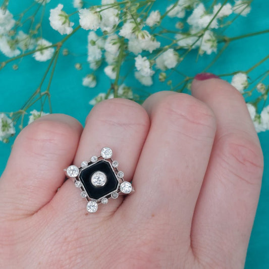 Vintage Art Deco Onyx and diamond target ring diamond shape