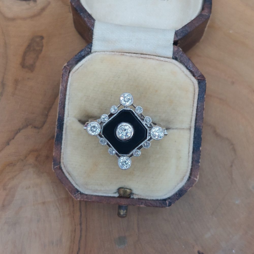 Art Deco Onyx and Diamond Square Ring CFJ4