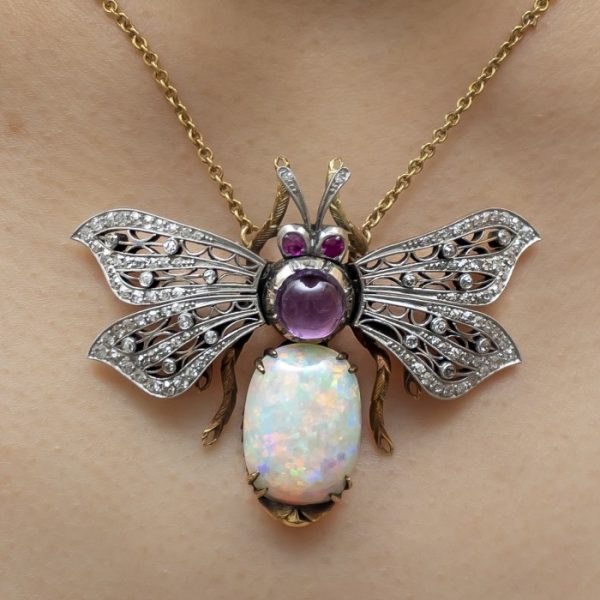 Opal and gem set bee pendant