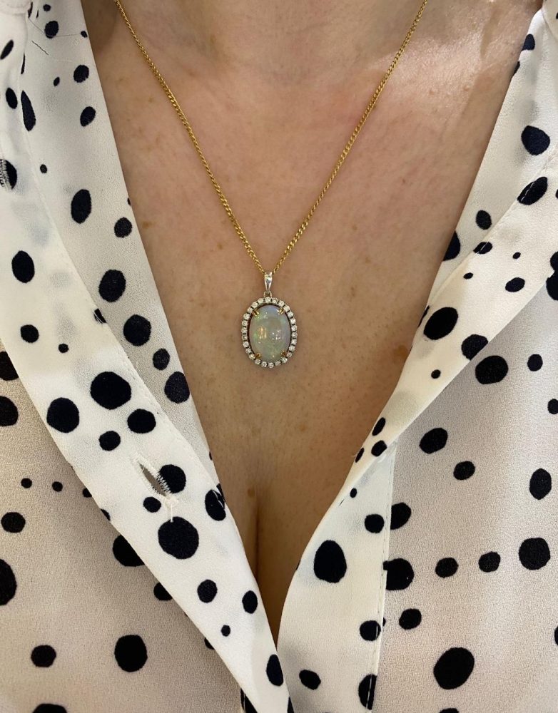 4.46ct Opal and Diamond Oval Cluster Pendant