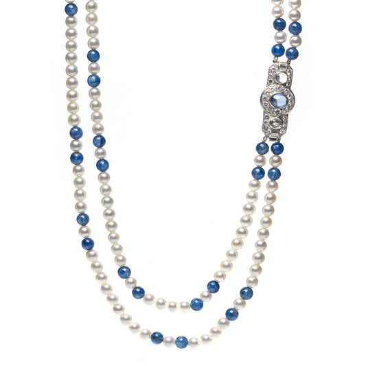 Opera Length Pearl and Kyanite Necklace with Art Deco Clasp