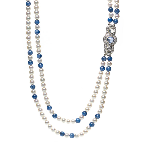 Opera Length Pearl and Kyanite Necklace with Art Deco Clasp