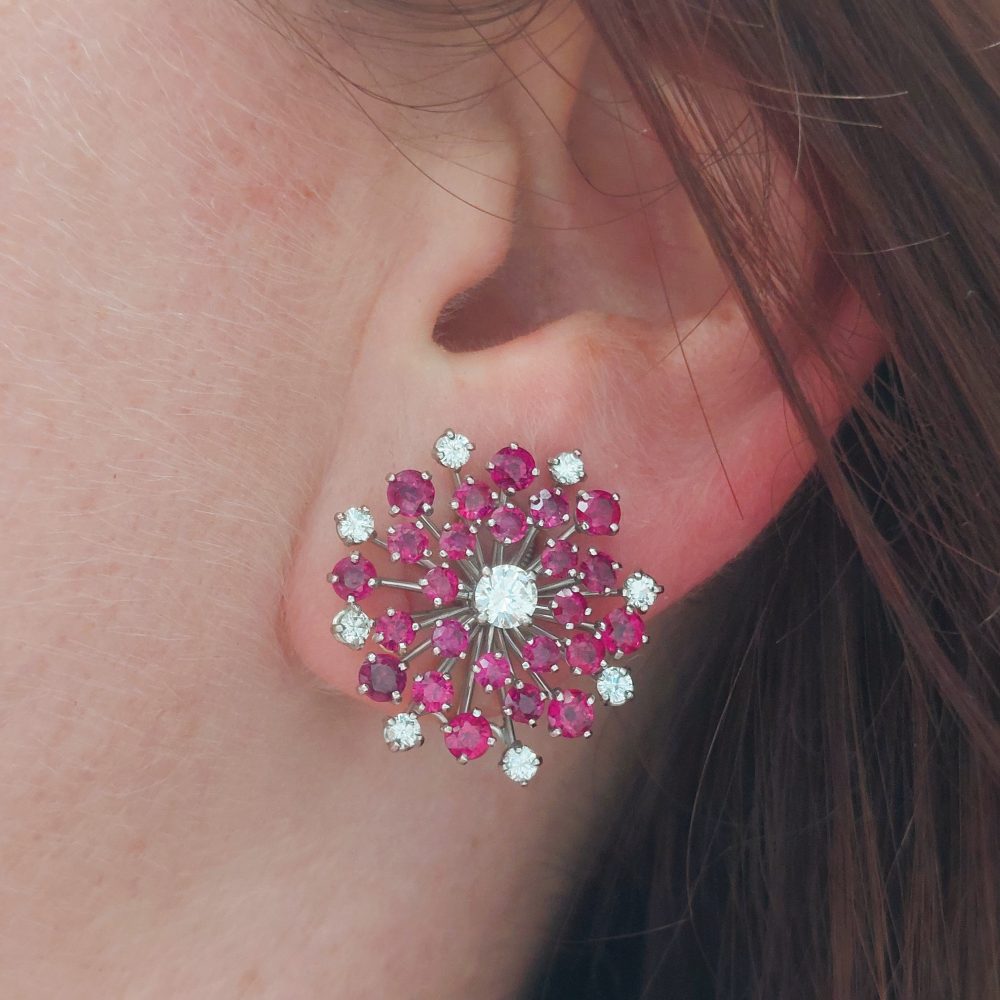 Oscar Heyman Ruby and Diamond Cluster Earrings