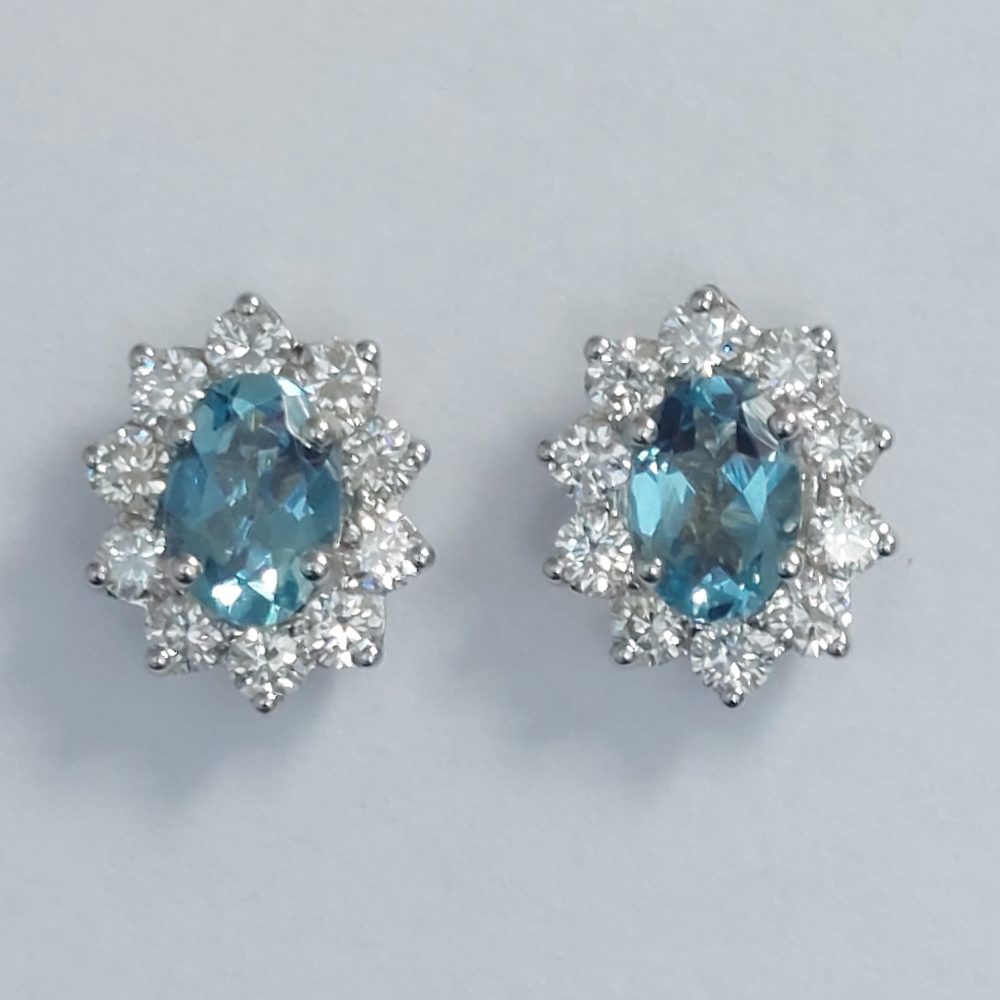 Oval Aquamarine and Diamond Cluster Stud Earrings